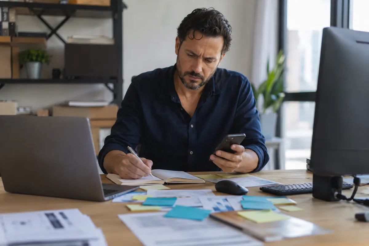 Busy professional overwhelmed by scattered tasks and disconnected tools
