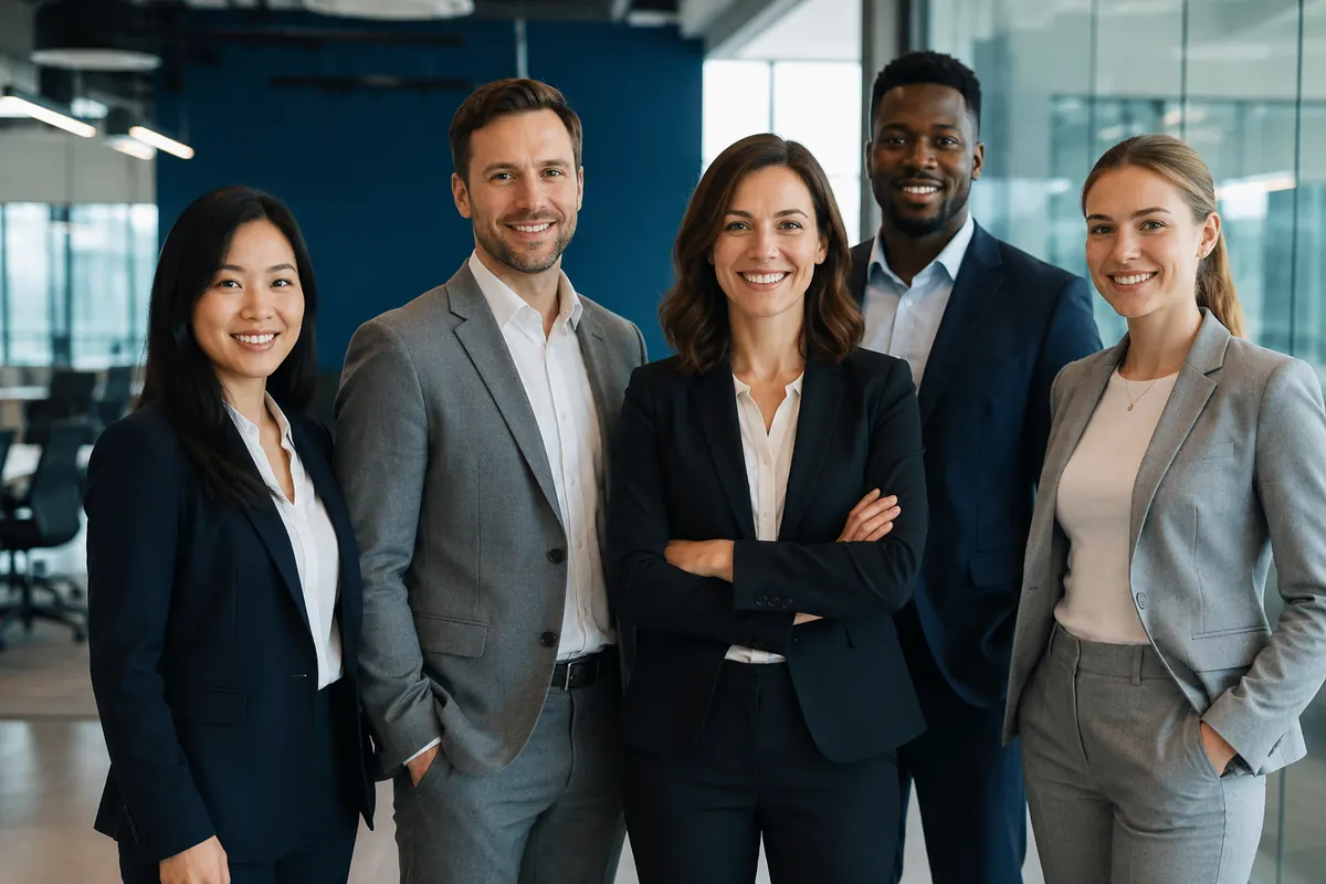 Confident team collaborating in a premium office environment