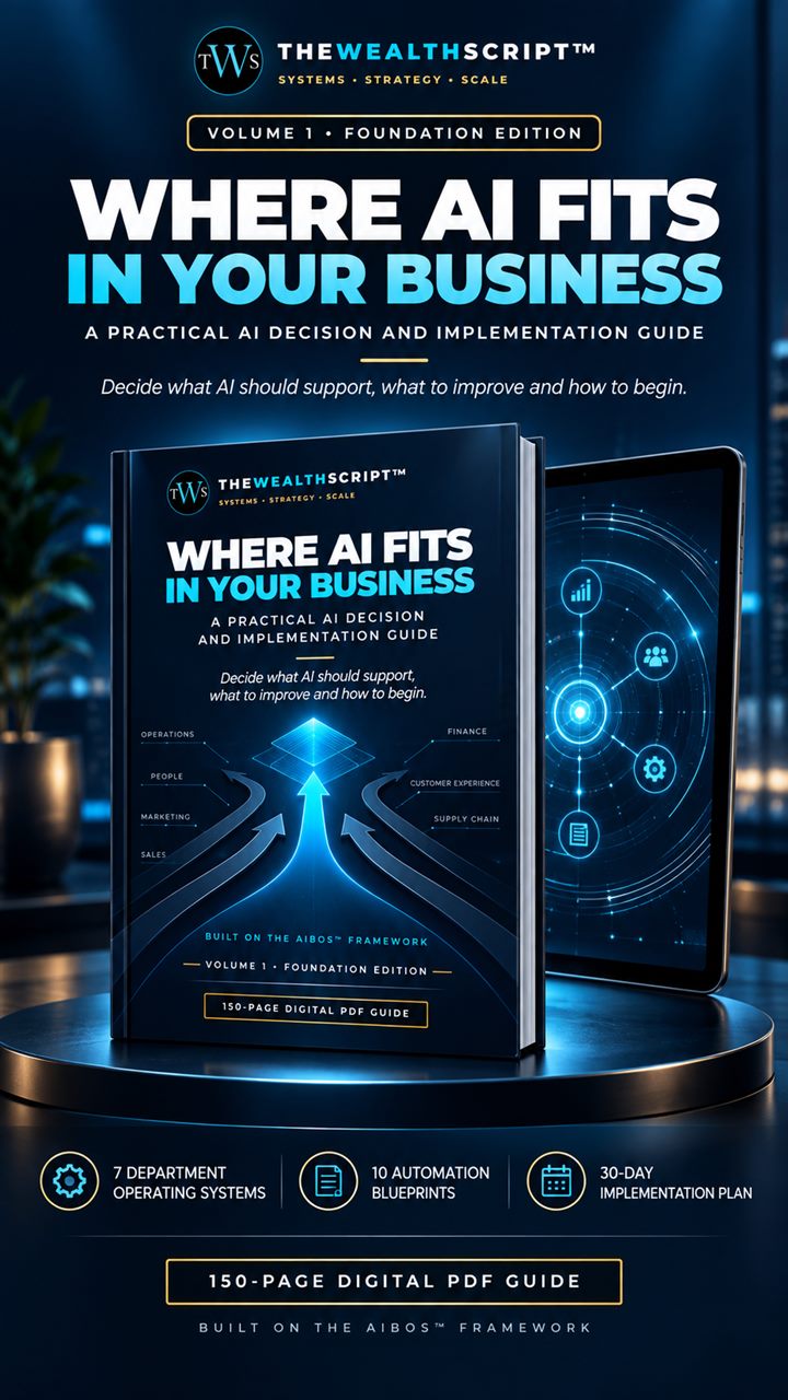 Where AI Fits in Your Business Volume 1 practical AI decision and implementation guide shown as a premium hardcover book beside a tablet